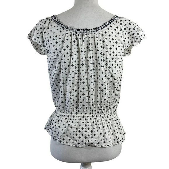 The Gap Small Ruffled Top Peplum Smocked Puff Short Sleeve White Blue Geometric - Picture 3 of 5